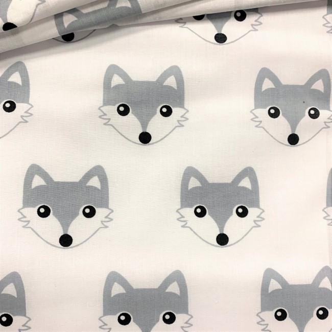 Cotton Fabric - Mini Grey Foxes on White
