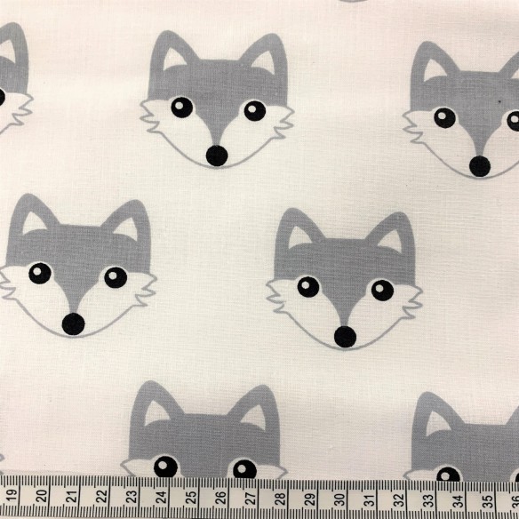 Cotton Fabric - Mini Grey Foxes on White
