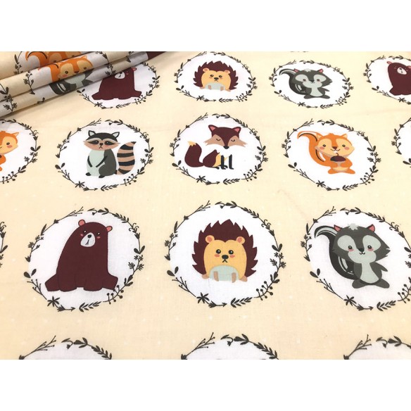 Cotton Fabric - Animals in Circles on Beige