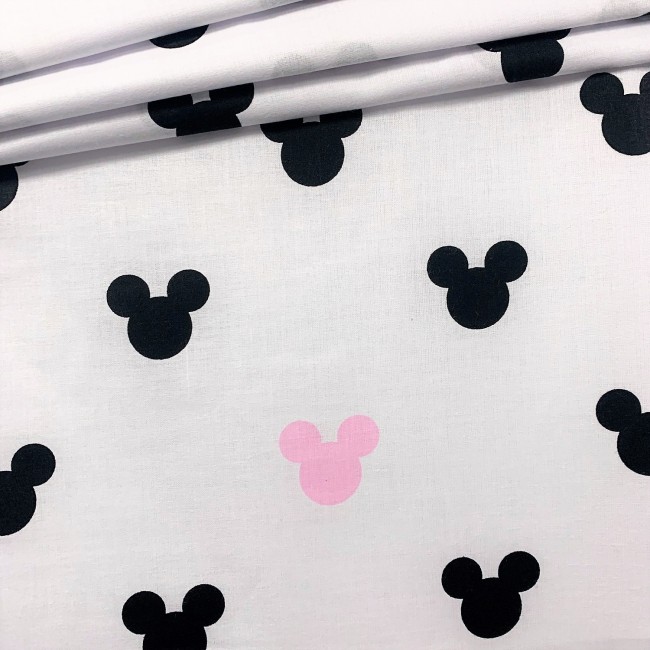 Cotton Fabric - Pink-Black Mickey Mouse on White