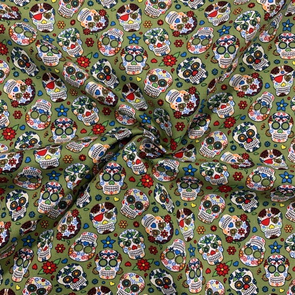 Prémiová bavlna - Mexické lebky khaki