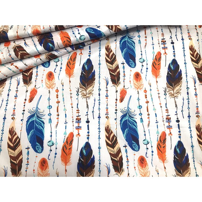 Cotton Fabric - Feathers and Beads Orange-Blue