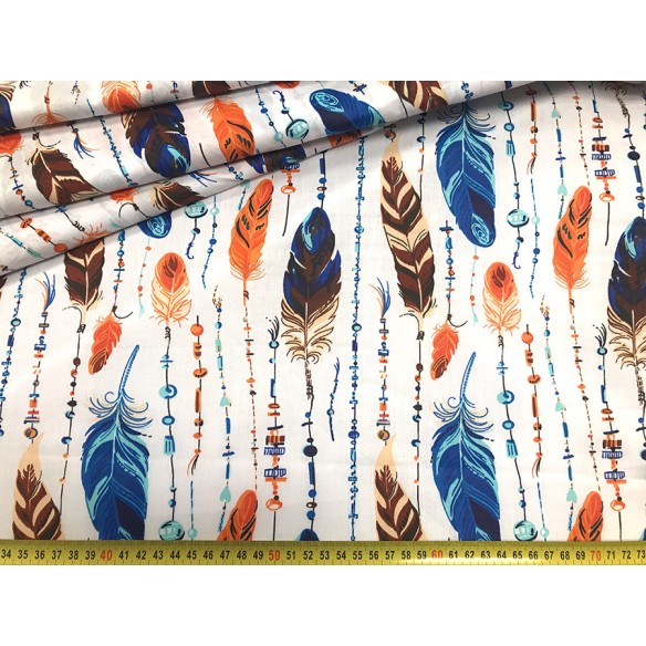 Cotton Fabric - Feathers and Beads Orange-Blue
