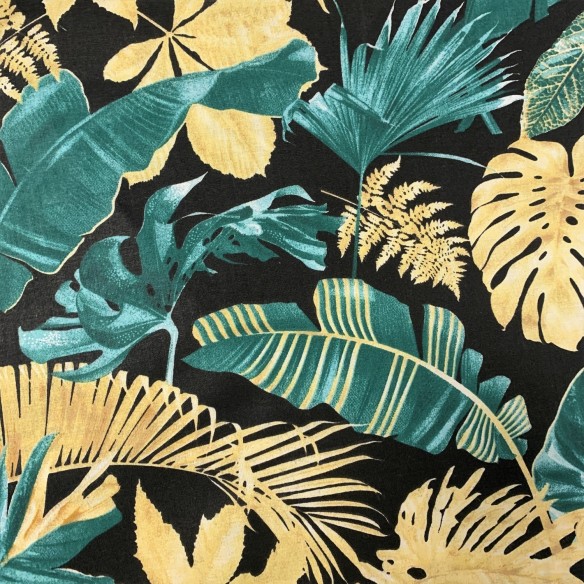 Cotton Fabric - Monstera green and gold on black