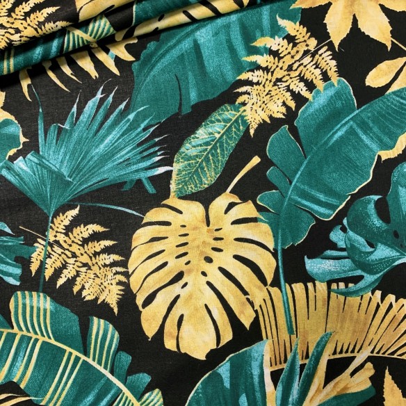Cotton Fabric - Monstera green and gold on black