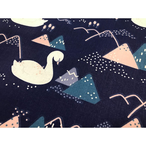 Cotton Fabric - Swans on Navy Blue