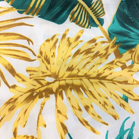 Cotton Fabric - Large gold-green leaves on white