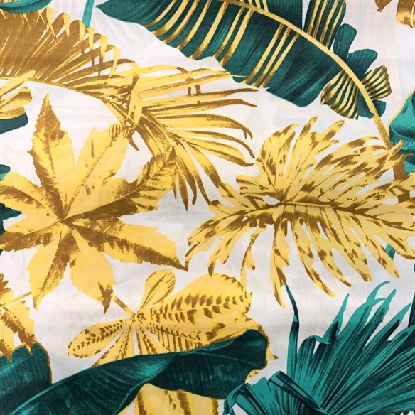 Cotton Fabric - Large gold-green leaves on white