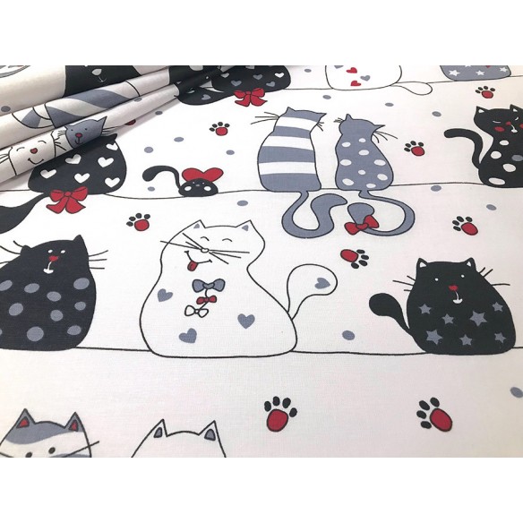 Cotton Fabric - Cats on a Line White