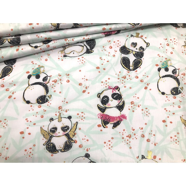 Cotton Fabric - Pandas with Gold Detailing on White