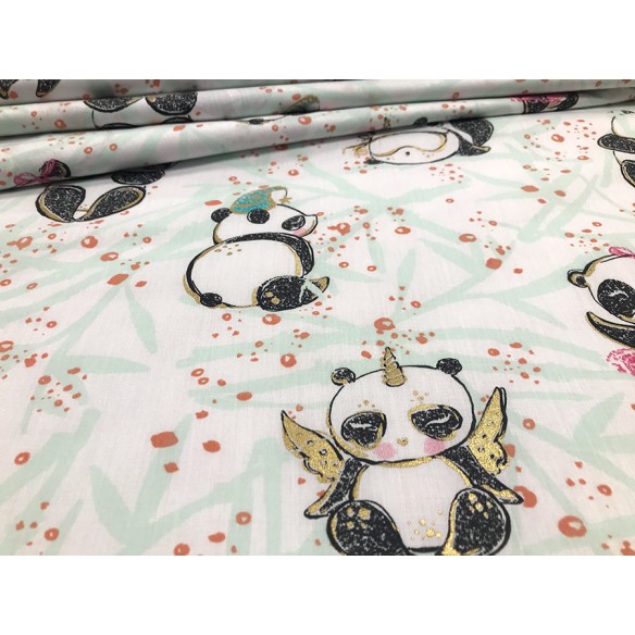 Cotton Fabric - Pandas with Gold Detailing on White