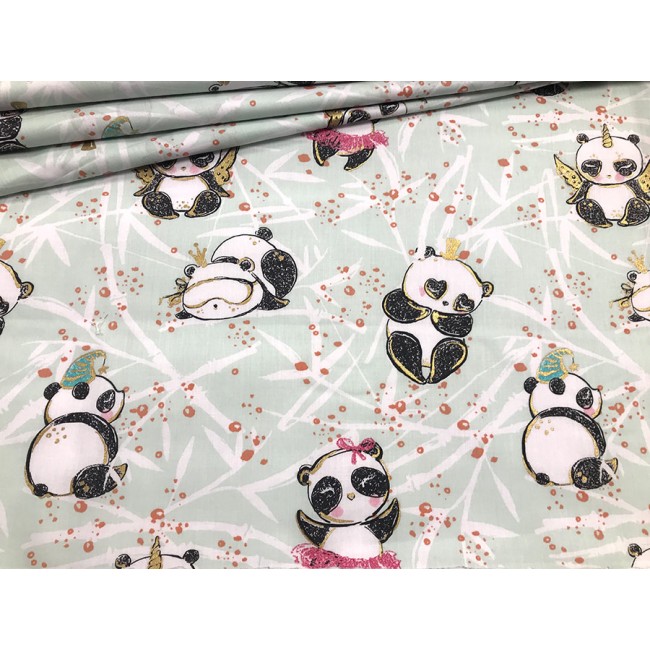 Cotton Fabric - Pandas with Gold Detailing on Mint