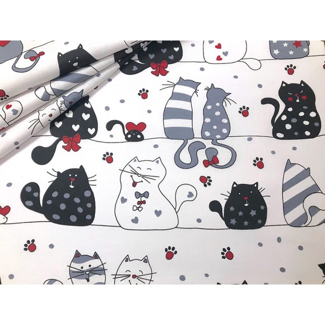 Cotton Fabric - Cats on a Line White