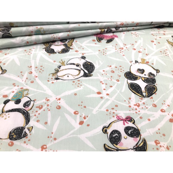 Cotton Fabric - Pandas with Gold Detailing on Mint