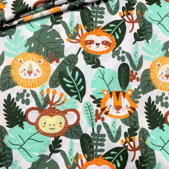 Cotton Fabric - Lions Tigers and Monkeys White