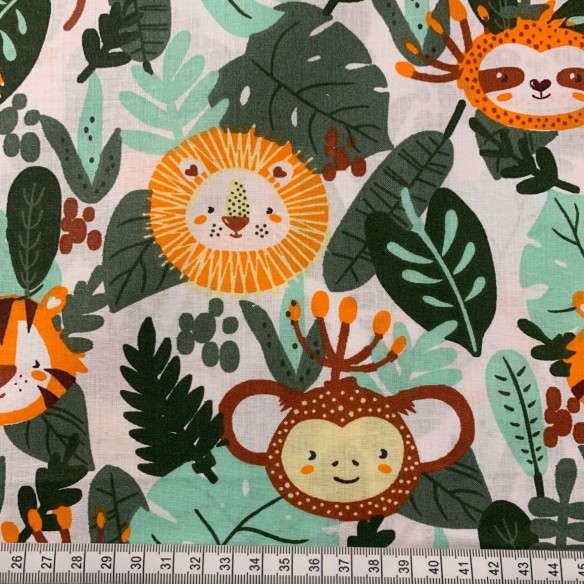 Cotton Fabric - Lions Tigers and Monkeys White
