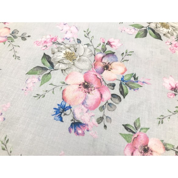 Cotton Fabric - Apple Tree Blossoms on Grey