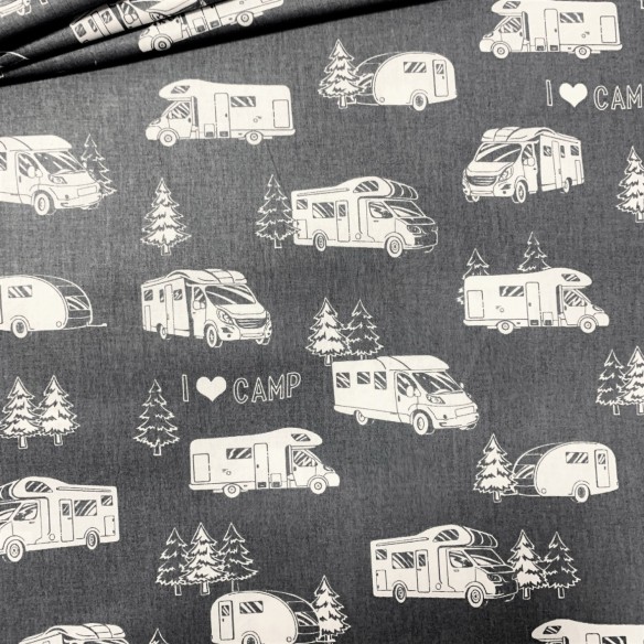 Cotton Fabric - Gray and White Motorhome