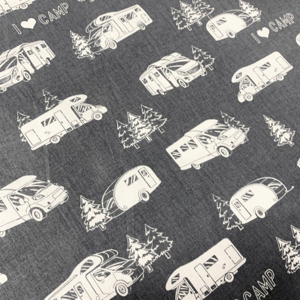 Cotton Fabric - Gray and White Motorhome