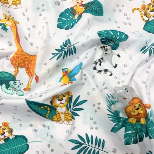 Cotton Fabric - Lion lemur elephant and tiger