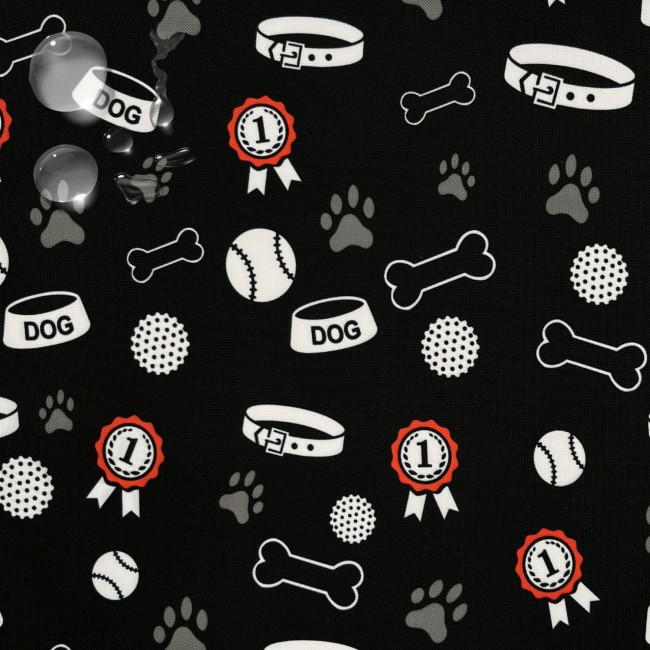 Water Resistant Fabric Oxford - Dog's paw, bowl and medal black