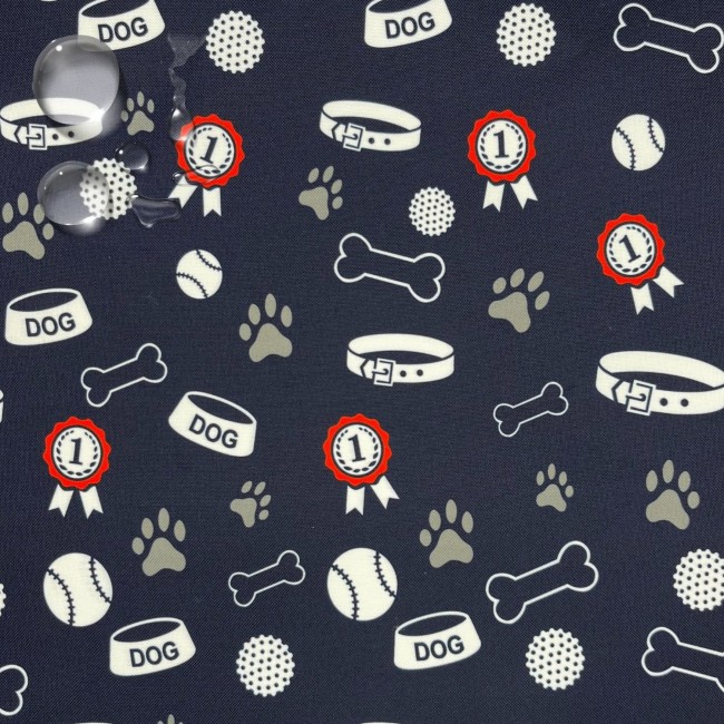 Water Resistant Fabric Oxford - Dog's paw, bowl and medal navy