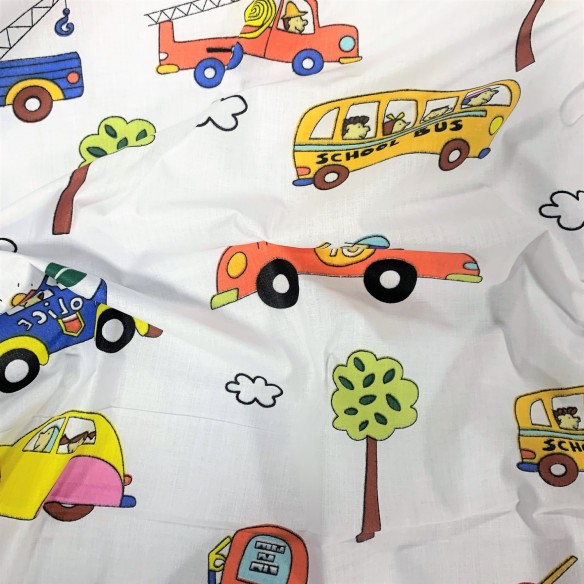 Cotton Fabric - Vehicles, Trees and Clouds