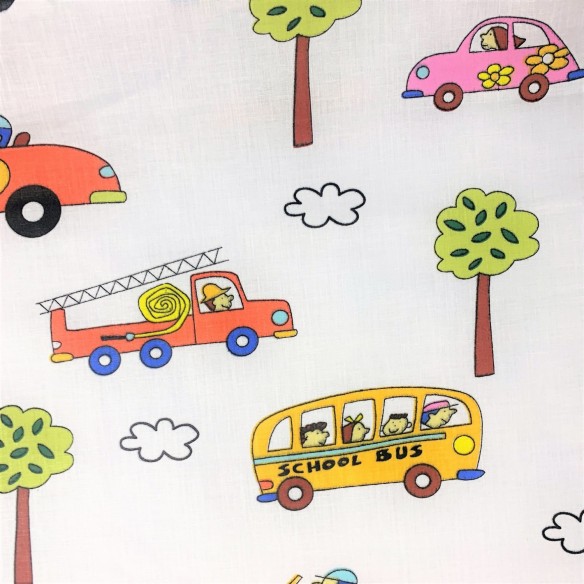 Cotton Fabric - Vehicles, Trees and Clouds