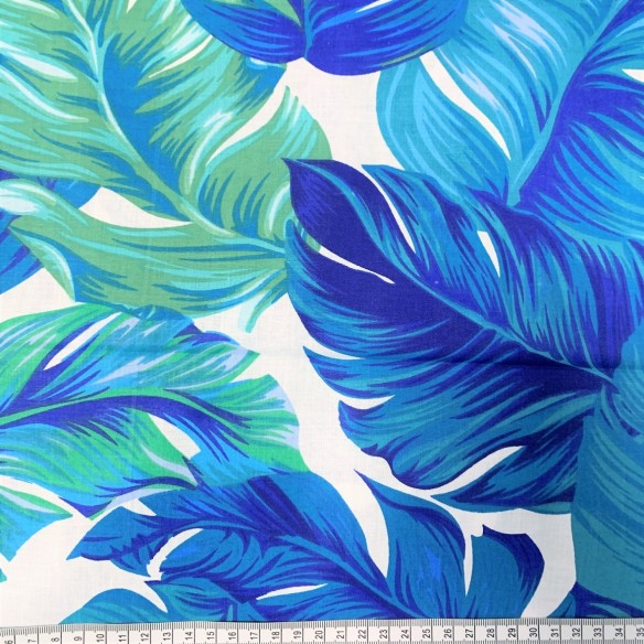 Cotton Fabric - Turquoise Monstera Leaves on White