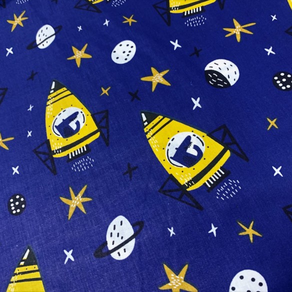 Cotton Fabric - Rockets, Planets and Moons on Navy Blue