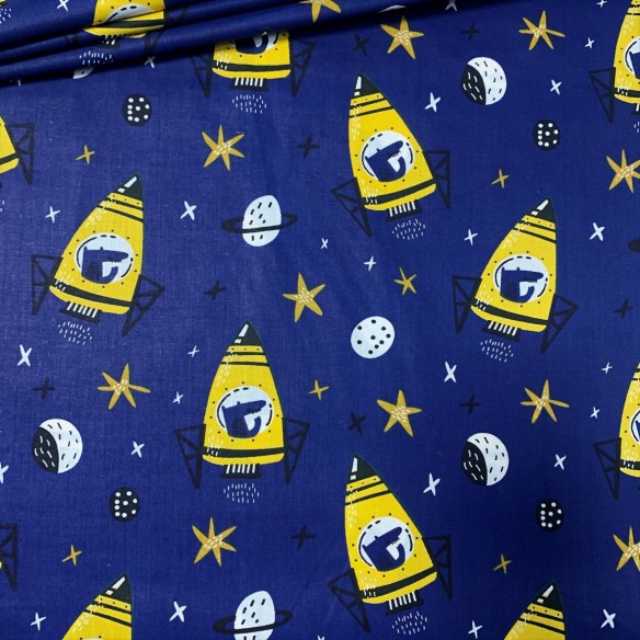 Cotton Fabric - Rockets, Planets and Moons on Navy Blue