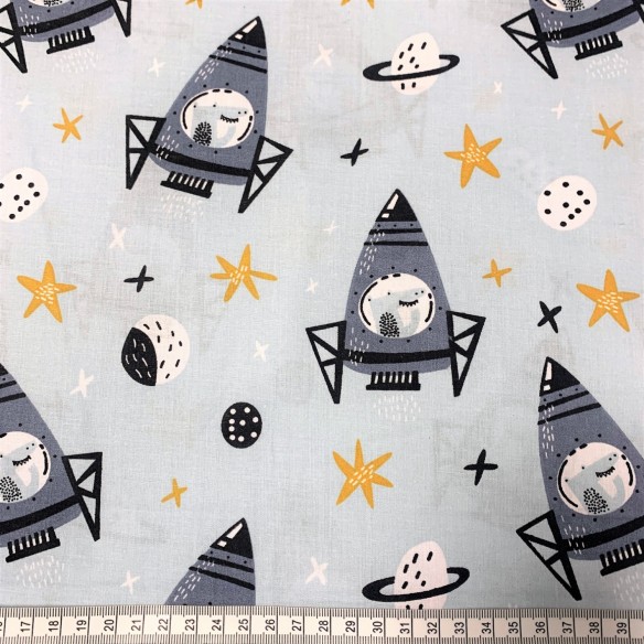 Cotton Fabric - Rockets, Planets and Moons on Gray