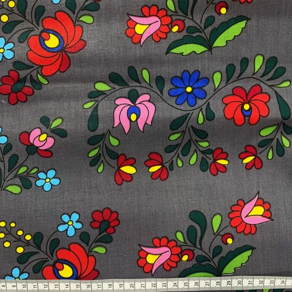 Cotton Fabric - Łowicz Folklore Pattern Gray