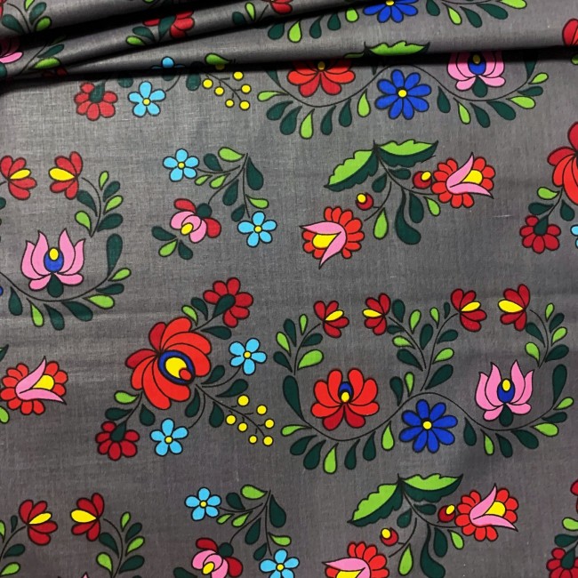 Cotton Fabric - Łowicz Folklore Pattern Gray