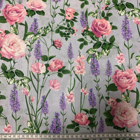 Cotton Fabric - Roses and Lavender on Gray