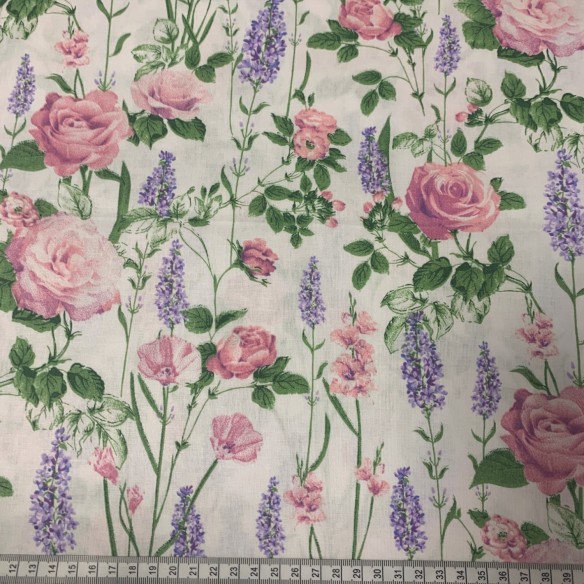 Cotton Fabric - Roses and Lavender on Ecru