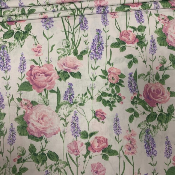 Cotton Fabric - Roses and Lavender on Ecru