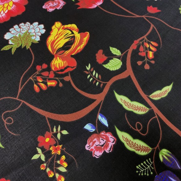 Cotton Fabric - Łowicz Folklore Flowers, Black
