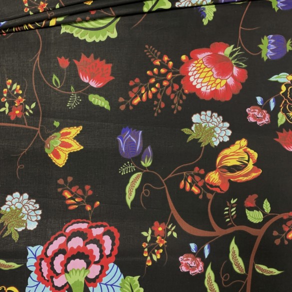 Cotton Fabric - Łowicz Folklore Flowers, Black