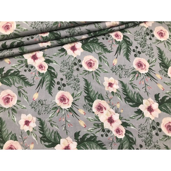 Cotton Fabric - Roses in the Garden Grey