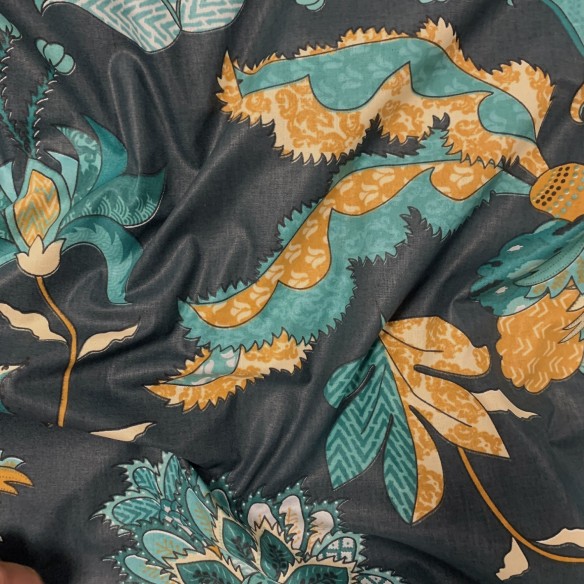 Cotton Fabric - Oriental pattern, Emerald and Black