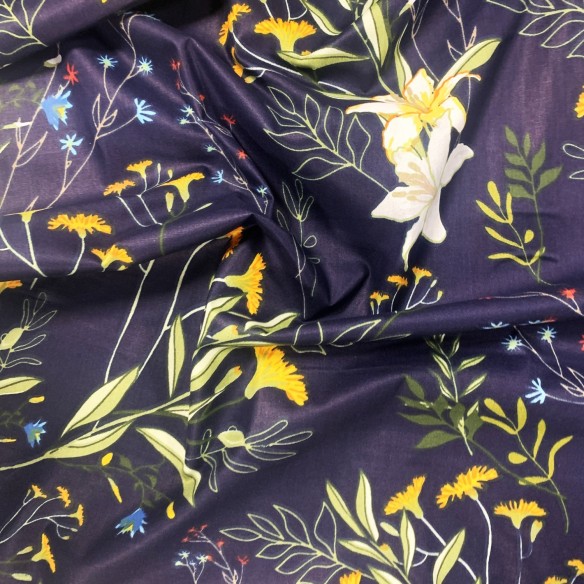 Cotton Fabric - Tropical Meadow, Navy Blue