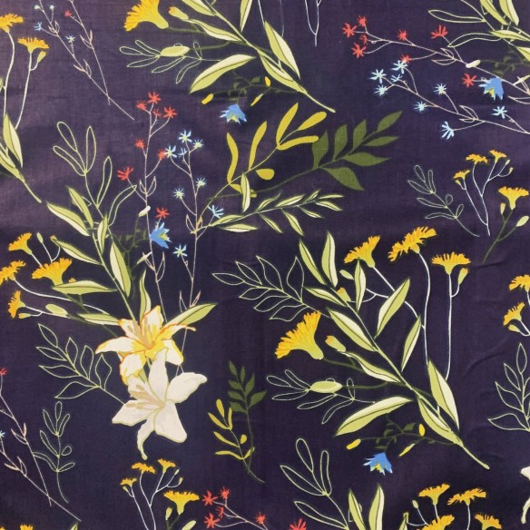 Cotton Fabric - Tropical Meadow, Navy Blue