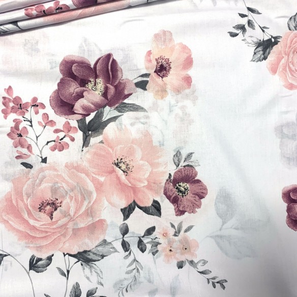 Cotton Fabric - Roses, Leaves, Burgundy and Pink