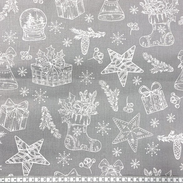 Cotton Fabric - Christmas Gifts White on Gray