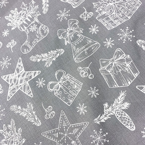 Cotton Fabric - Christmas Gifts White on Gray