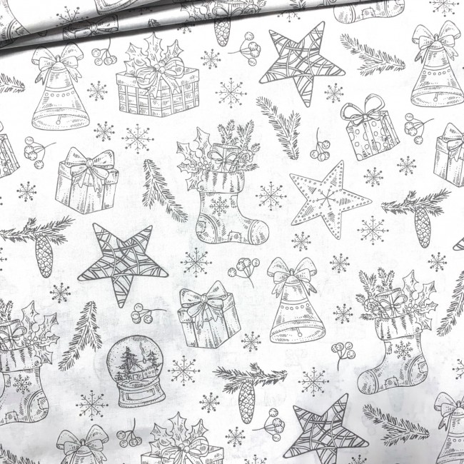 Cotton Fabric - Christmas Gifts Gray on White
