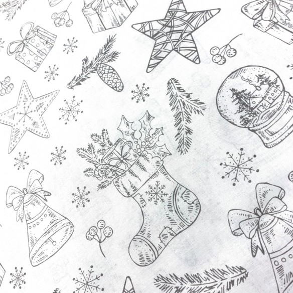 Cotton Fabric - Christmas Gifts Gray on White