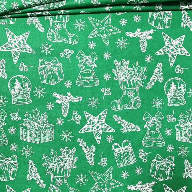 Cotton Fabric - Christmas Gifts White on Green