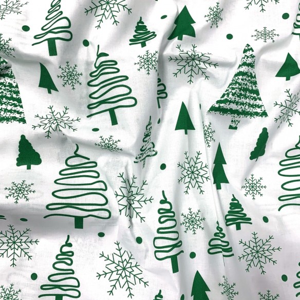 Cotton Fabric - Christmas Trees Green on White